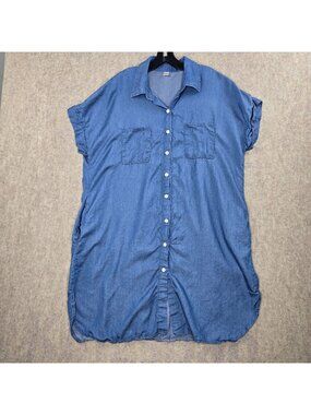 Tencel Womens Button-Down Shirt Dress Blue 5XL Lightweight Short Sleeve Casual